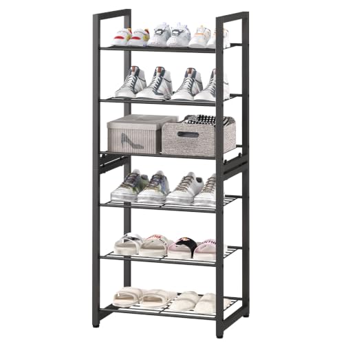 6 Tier Shoe Rack, Stackable Metal Organizer with Adjustable Feet, 2-in-1 Shoe Shelf Holds 12 Pairs, Perfect for Entryway Garage Closet, Black - size: 6 Tier