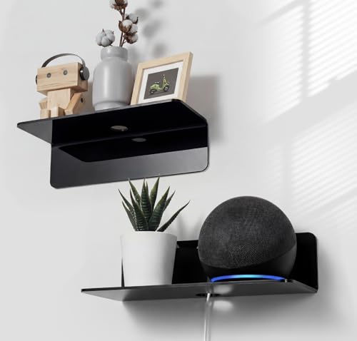 OAPRIRE Acrylic Floating Wall Shelves Black, No Drill, 9 Inch 2 Pack | Strong Tape Adhesive Wall Shelf, Easy Installation, Hole Design with Cable Clips, Small Spaces Bedroom Bathroom Living Room - color: Black