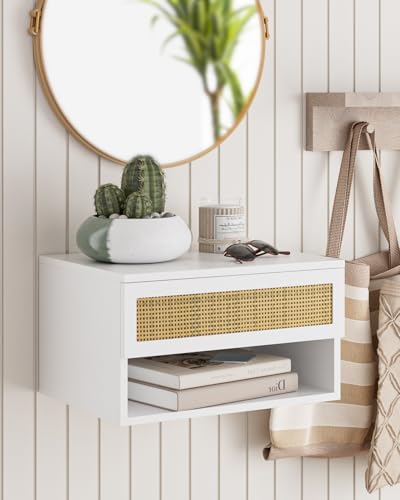 Modern Floating Nightstand with Drawer, Wall Mount Shelves, White Rattan | Small Space Saver, Modern Minimalist Design, Wall Mounted Shelves, for Bedroom, Bathroom, Living room, Easy Assembly, Rattan - color: White Rattan