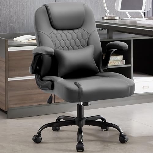 PU Leather Office Chair Swivel Lumbar Support for Short People Grey | Executive Office Chair PU,Leather Office Chair with Wheels,360° Swivel Rolling Chair with Padded Arm,Ergonomic Computer Chair - color: Grey