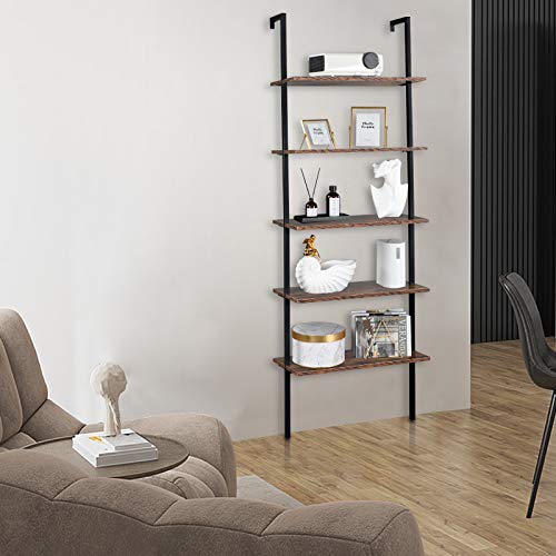 5-Shelf Modern Bookcase, Open Wall Mount Ladder Bookshelf with Industrial Metal Frame for Living Room Bedroom Home Office (Brown5) - color: Brown5