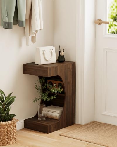 Veegle C-Shaped Side Table, Narrow End Table with Storage Shelf, C Table for Small Space, Small Coffee Tables for Living Room Bedroom (Walnut Brown)