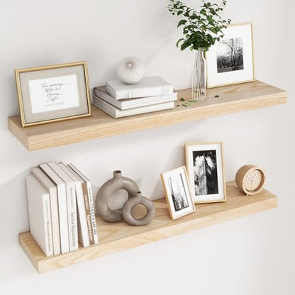 fuqing 36 Inch Floating Shelves 6.7'' Deep Natural Wood Shelves Set of 2 | 36'' x 6.7'' x 1.4'' Natural Wood Shelves for Bathroom Living Room, 40LBS, Lightweight, Hardware Included, Waterproof Finish - color: Natural, size: 36 Inch