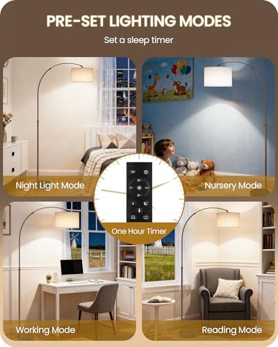 75" Arc Floor Lamp with Marble Base and Adjustable Height, Rotating Hanging Shade, Dimmable Floor Lamp for Living Room with Remote and Foot Switch, 3CCT, Over Couch Arched Light, White Brown VW15LD05 - color: Brown + White