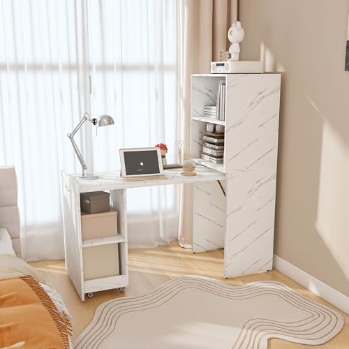 HRVEOCEI Bamboo Fold Out Desk with Storage, Mid Century Hideaway Desk for Small Spaces, Folding Computer Desk for Home Office Bedroom Apartment, Space Saving (White Marble) - color: White Marble