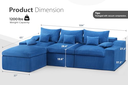 104" L Shaped Cloud Sectional Couch, Boneless Modular Sectional Sofa with Deep Seat, Corduroy Couches for Living Room, Modular Couch, No Assembly Required (Blue) - color: Corduroy Blue, size: 104" Couch with Ottoman
