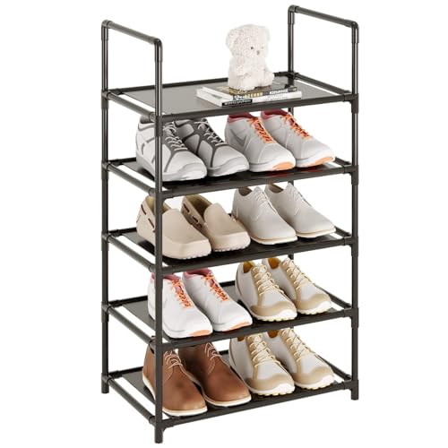 5 Tier Stackable Small Shoe Rack,Narrow Sturdy Shoe Shelf Organizer, Non-Woven Fabric Metal Free Standing Shoe Racks for Entryway, Hallway and Closet (Black) - size: 5-Black