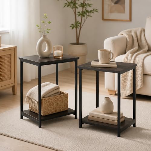 2-Tier Set of 2 Modern End Table with Metal Frame, Open Shelf Night Stand, Easy Assembly Side Table, Bedside Table, for Bedroom, Living Room, Espresso - color: Espresso, size: 2 Tier, Set of 2