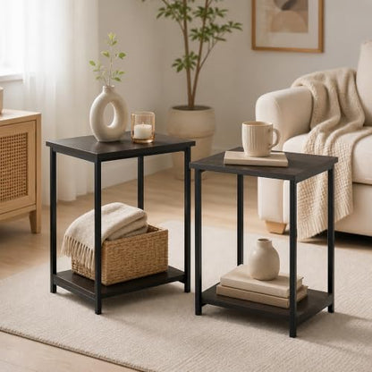 2-Tier Set of 2 Modern End Table with Metal Frame, Open Shelf Night Stand, Easy Assembly Side Table, Bedside Table, for Bedroom, Living Room, Espresso - color: Espresso, size: 2 Tier, Set of 2