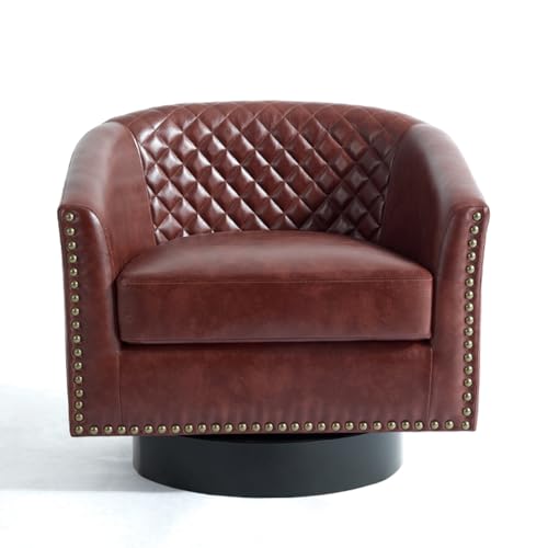 Faux Leather Swivel Accent Chair, Modern Barrel Club Chair, Red Brown | Comfy Living Room Chair, Modern Nailhead Trim Round Armchair Bedroom Reading Seat with Removable Cushion, Wood Frame - color: Red Brown