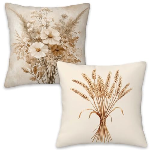Throw Pillow Covers 18x18 Set of 2 | Wheat Floral Decorative Cushion Covers for Couch Sofa Bed | Neutral Botanical Farmhouse Pillow Cases for Living Room | Rustic Home Decor Accent - color: Wheat Floral