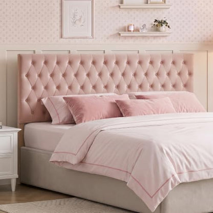 Upholstered Queen Headboard Only, Premium Velvet Button Tufted Headboards, Adjustable Solid Wood Head Board, Padded Headboard with Solid Wood Legs in Bedroom (Pink) - color: Pink, size: High Queen