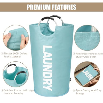 DOKEHOM 90L Large Laundry Basket Bag, Collapsible Tall Hamper, Light Blue | Freestanding tall washing bin & foldable laundry bag. High-capacity clothes storage basket with durable sturdy handles - color: Light Blue, size: 90L