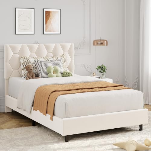 GAOMON Beige Twin Upholstered Bed Frame, Heavy-Duty Platform Bed Frame with Upholstered Headboard & Strong Wood Slats, No Box Spring Needed/Noise Free/Easy Assembly | Heavy-Duty Bed Frame with Wooden Slats Support Upholstered Mattress Foundation No Box Sp
