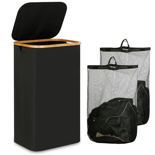 IEGrow Laundry Hamper with Lid,110L Laundry Basket with 2 Mesh Bags,Black | Dirty Clothes Hamper Basket with Bamboo Handle for Clothes Towels - color: Black, size: 111L