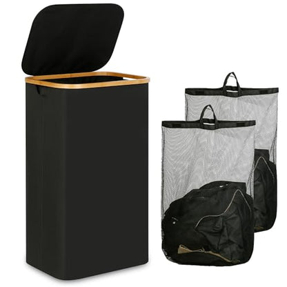 IEGrow Laundry Hamper with Lid,110L Laundry Basket with 2 Mesh Bags,Black | Dirty Clothes Hamper Basket with Bamboo Handle for Clothes Towels - color: Black, size: 111L