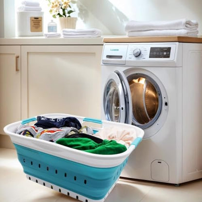SAMMART 42L Collapsible Plastic Laundry Basket - Foldable Pop Up Storage Container/Organizer - Space Saving Hamper/Basket (1, White/Bright Blue) - color: White/Bright Blue