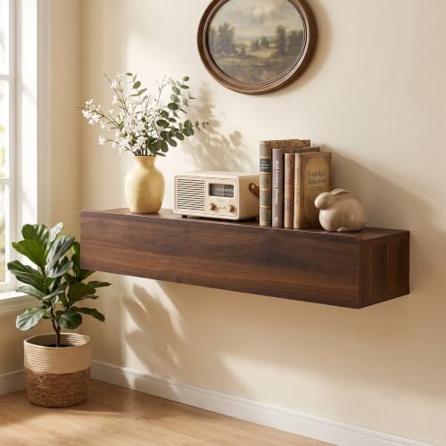 31.5'' Floating Console Table, Solid Wood Wall Mounted Entryway Table with Storage, Narrow Modern Hallway Table for Entryway & Front Hall - Walnut