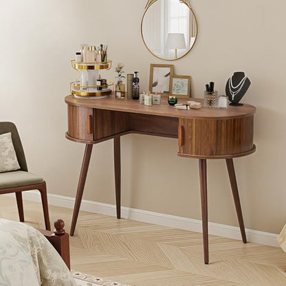 43" Wood Writing Desk, Laptop Desk with Storage, Vanity Table Study Desk | Mid-Century Writing Desk, Walnut Laptop Desk with Storage, Fluted Vanity Table Desk for Office, Bedroom, Study Room - color: Walnut-43 Inch