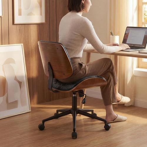 Furnimart Wooden Armless Desk Chair with Wheels, 360° Swivel Faux Leather Vanity Chair for Bedroom, Small Office Computer Task Chair for Home & Compact Spaces (PU Black) - color: Pu-black