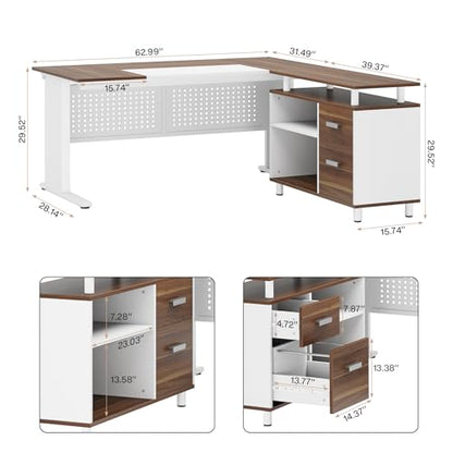Tribesigns 63 Inch Executive Desk with File Cabinet, L Shaped Office Desk with Drawers and Storage Shelves, Business Furniture Set Workstation for Home Office, White and Walnut - color: White and Brown
