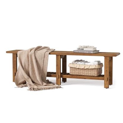 LITTLE TREE Solid Wood Entryway Shoe Bench, 63" Farmhouse Narrow End of Bed Bench with Storage Rack for Bedroom, Living Room, Entry Way, Front Door, Window, Hallway, Rustic Brown