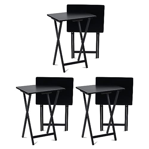 PJ Wood - Folding Wood TV Tray Table - Black 6-Piece Set | Solid Hardwood Construction, 19.09 x 14.57 x 26 in, 31.5 in Collapsed Length, No Assembly Required, Indoor Use