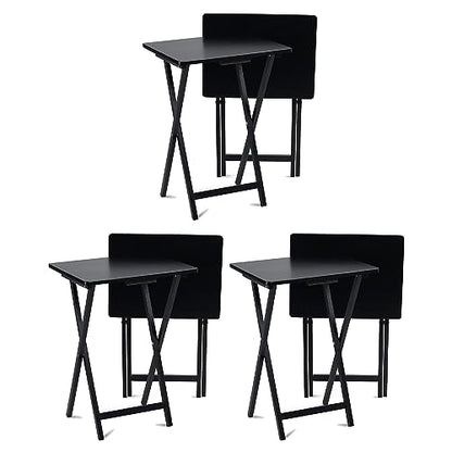 PJ Wood - Folding Wood TV Tray Table - Black 6-Piece Set | Solid Hardwood Construction, 19.09 x 14.57 x 26 in, 31.5 in Collapsed Length, No Assembly Required, Indoor Use