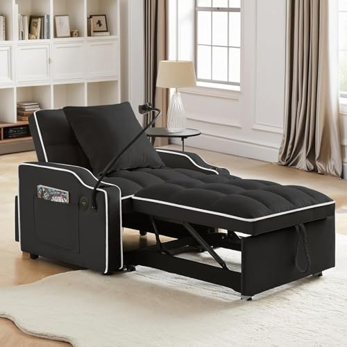 Sleeper Sofa Chair Bed 3 in 1 with Charging Ports, Phone Holder & Cup Holders - Modern Velvet Convertible Pull Out Single Sofa Bed for Small Spaces, Apartment, Dorm (Black) - color: Black