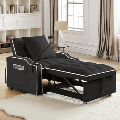Sleeper Sofa Chair Bed 3 in 1 with Charging Ports, Phone Holder & Cup Holders - Modern Velvet Convertible Pull Out Single Sofa Bed for Small Spaces, Apartment, Dorm (Black) - color: Black