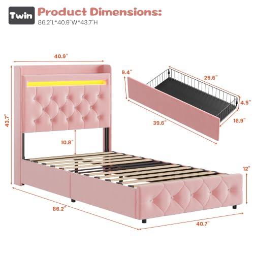 Garvee Twin Upholstered LED Bed Frame with Storage Headboard, Pink | Twin Bed with Charging Station and 2 Drawers, Soft Velvet Princess Platform Bed for Kids, No Box Spring Needed, Easy Assembly - color: Pink, size: Twin