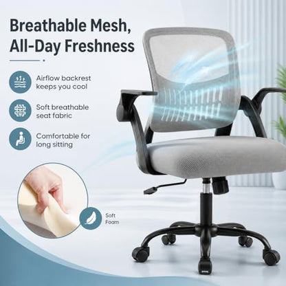 Ergonomic Office Chair, Home Office Desk Chair, Breathable Mesh Desk Chair with Adjustable Lumbar Support and Flip-up Armrests, Game Chairs, 360° Swivel Desk Chairs for Conference, Meeting Room(Grey) - color: Grey