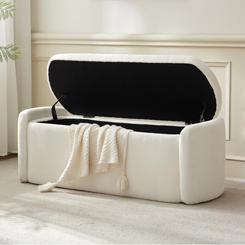 VKNOW Storage Bench, Upholstered Storage Ottoman Bench with Hinge, Cream | Ottoman Bench with Large Capacity, Curved Frame, Soft Fabric, Storage Bench for Bedroom, Living Room, Entryway - color: Beige, size: 46.1"