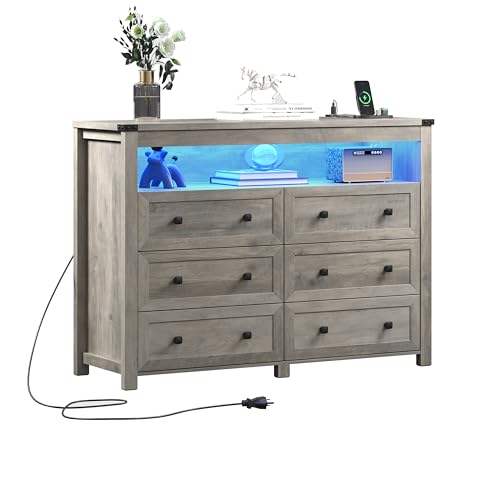 Grey Dresser 6 Drawer Dressers for Bedroom with LED Lights, Charging Station, Wood Chest of Drawers with Metal Handles, Modern TV Stand Storage Cabinet for Living Room, Hallway, Entryway, Gray - color: Grey, style: LED 6 Drawers