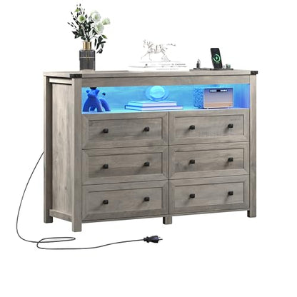 Grey Dresser 6 Drawer Dressers for Bedroom with LED Lights, Charging Station, Wood Chest of Drawers with Metal Handles, Modern TV Stand Storage Cabinet for Living Room, Hallway, Entryway, Gray - color: Grey, style: LED 6 Drawers