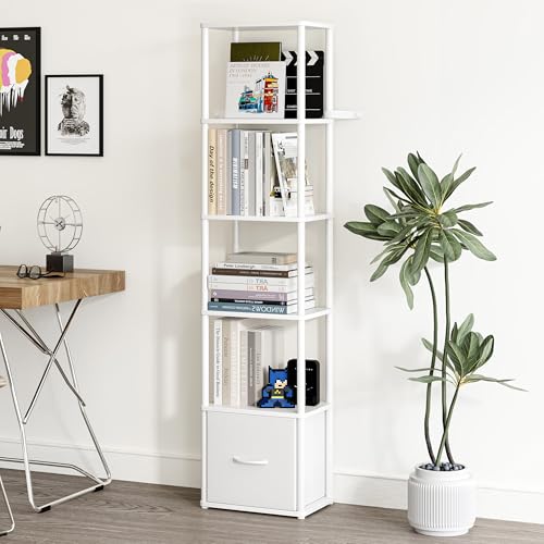 6-Tier Bookshelf Organizer, Narrow Bookcase,Tall Skinny Bookshelves, Standing Ladder Shelf with Drawer, Small Book Shelf with Storage for Living Room, Bedroom, Office, Study White HBC505W - color: White