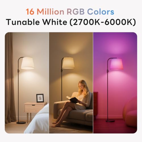 Smart RGB Arc Floor Lamp, 65", App Control, Compatible with Alexa | 2700K-6000K tunable white, 1%-100% dimmable, music sync, 1200lm, 350° swivel woven linen shade, no account required - color: Black, size: 65"(App Control)