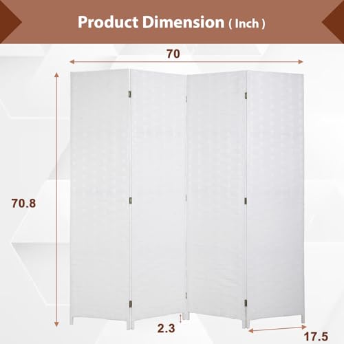 Dopinmin White Room Divider Wall Divider 6FT 4 Panels Dressing Screen | Wood Mesh Hand-Woven Indoor Room Screen Folding Portable Partition Screen - color: 180-whiteh