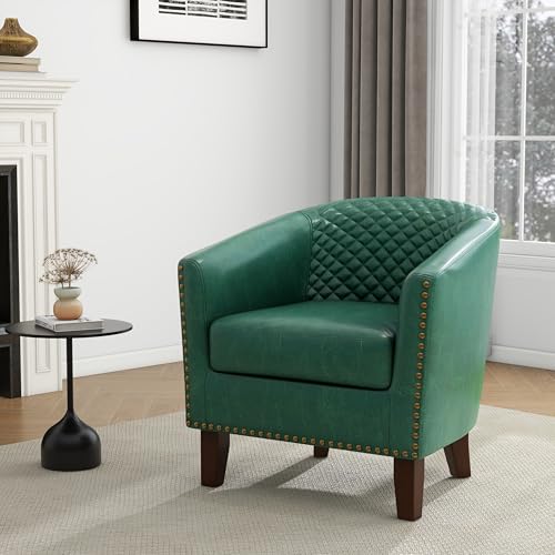 Faux Leather Accent Chair, Modern Barrel Club Chair, Green | Comfy Upholstered Armchair for Living Room, Round Club Chair Single Sofa Bedroom Reading Seat | 26"D*29"W*29"H - color: Green