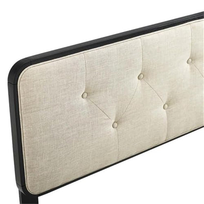 Pemberly Row Modern Fabric Tufted Queen Headboard, 48 in H x 62.5 in W, Rubber Wood and MDF, Beige/Black Finish, Button Tufted, Dense Foam Padding, Mid-Century Style Bedroom Furniture - color: Black and Beige, size: Queen