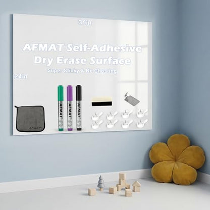 AFMAT Whiteboard Sticker, 36" x 24" Dry Erase Wallpaper, Stain-Proof & Super Sticky, No Ghost After 60 Days, Peel and Stick White Board Adhesive Paper Roll for Home/Office/Classroom, 3 Markers - size: 24"W x 36"H