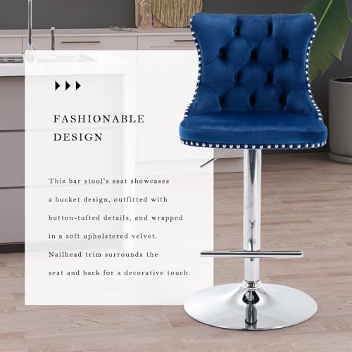 Velvet Bar Stool Set of 2, Adjustable Swivel Bar Stools with Silver Plated Metal Leg, Button Tufted, Footrest, Chrome Nailhead, Counter Height Chair for Kitchen, Bar, Dining Room (Blue) - color: Blue-silver Leg, size: Set of 2