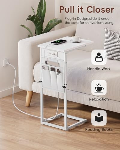 C Shaped End Table with Charging Station, Adjustable Height Side Table for Couch, Small Sofa Table for Small Spaces, Slide Under Sofa Table TV Tray Arm Tables for Living Room, Bedroom, White - color: White, style: With Plug