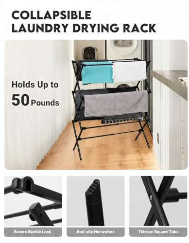 3-Tier Metal Folding Clothes Drying Rack, Laundry Drying Rack Clothing | Collapsible Dryer Racks for Laundry | Indoor & Outdoor,Black - color: Black
