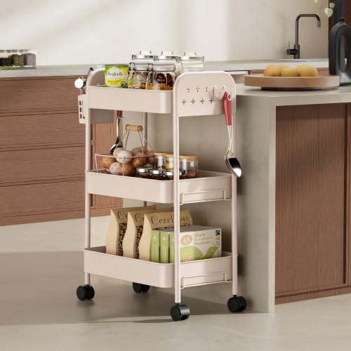 Heavy-Duty Rolling Cart 3 Tier Metal Utility Storage Cart | with Casters, Hooks & Hanging Cups, Rolling Storage Organizer for Kitchen Office Craft Snack Book - color: Blush Pink