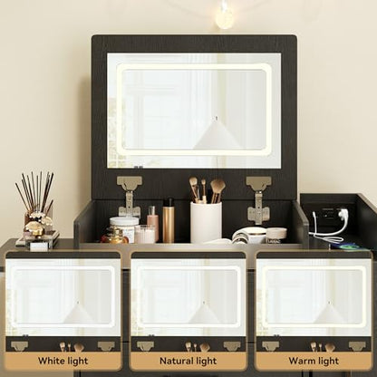 Herture 3 in 1 Vanity Desk with Flip Top Mirror, Comapct Vanity | Small Vanity with Lights,Outlets,Side Cabinet,Collapsible Desk Panel,Storage Hidden Stool,Makeup Vanity Table Black PT01DTB - color: Black