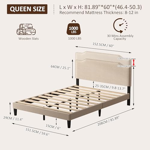 Queen Size Bed Frame with Upholstered Headboard, Platform Bed with Linen Adjustable Headboard | Classic Elegant Studded | Wooden Slats Support | No Box Spring Needed, Queen Bed Frame Beige - color: Beige, size: Queen (U.S. Standard)
