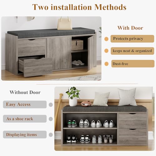 LVB 2-Tier Storage Bench with Padded Cushion, Entryway Bench with 2 Drawers | 2 Barn Doors & Adjustable Shelf, Industrial Style for Foyer, Bedroom, Living Room, Greige, 40 Inch - color: Greige
