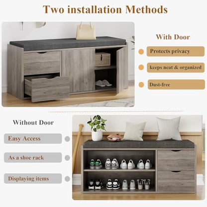 LVB 2-Tier Storage Bench with Padded Cushion, Entryway Bench with 2 Drawers | 2 Barn Doors & Adjustable Shelf, Industrial Style for Foyer, Bedroom, Living Room, Greige, 40 Inch - color: Greige