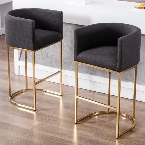 HNY Modern Barrel Counter Height Clearance Bar Stools Set of 2, 32 Inch Linen Kitchen Barstools with Back for Island, with Gold Metal Tubular Frame, Charcoal - color: 32inch Charcoal,gold Base